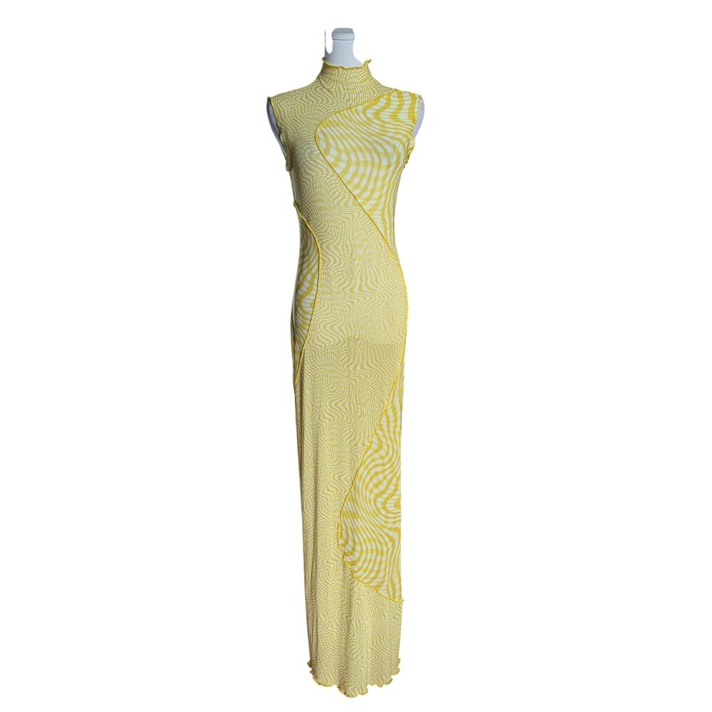 Camila Coelho NWT Lagoon Yellow Swirl Mesh Maxi Dress S Mock Neck Bodycon - Picture 5 of 13